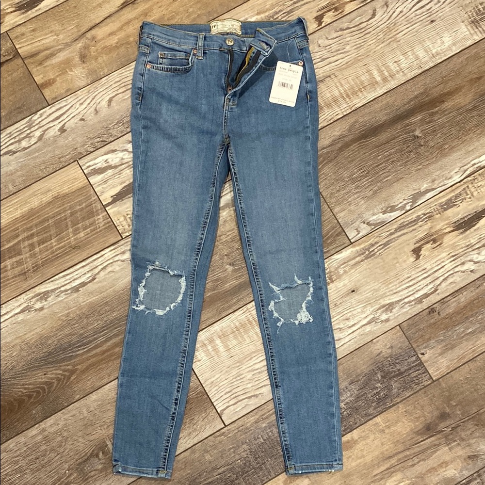 Free People Medium Blue Distressed Skinny Jeans